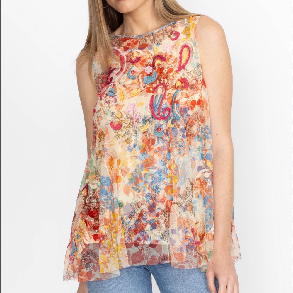 Johnny Was Mazzy Flared Tank (slip)  - Leafy Floral Multicolor Sleeveless Top L